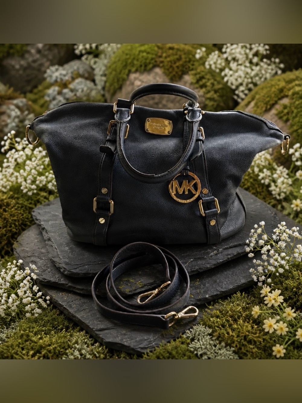 Michael Kors Black Leather Satchel with Gold Accents